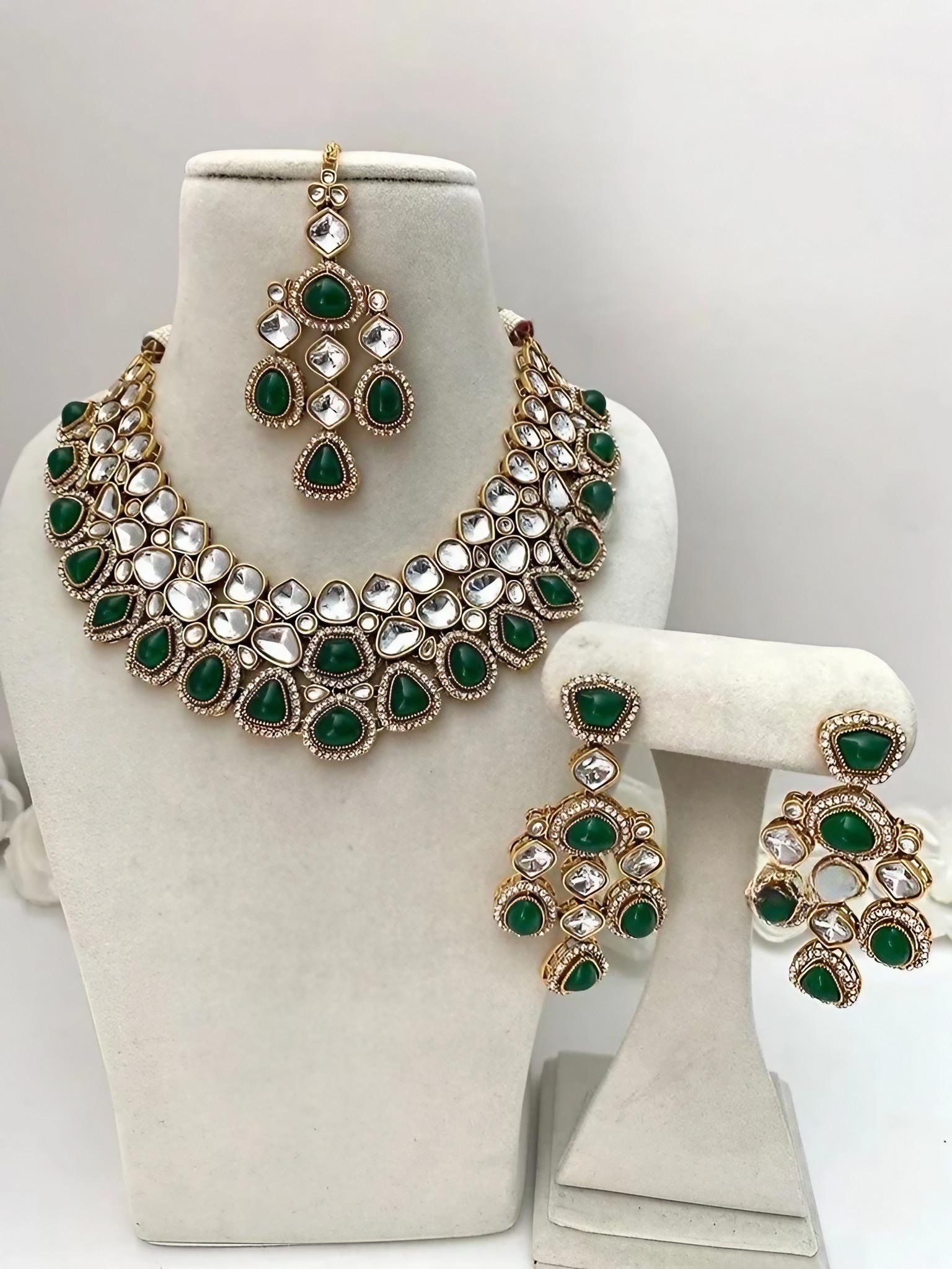 Premium Emerald Green Kundan & Polki Statement Necklace Set
