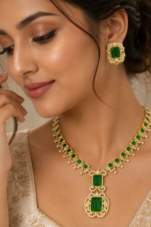 Emerald Green American Diamond Gold Plated Necklace Set for Women