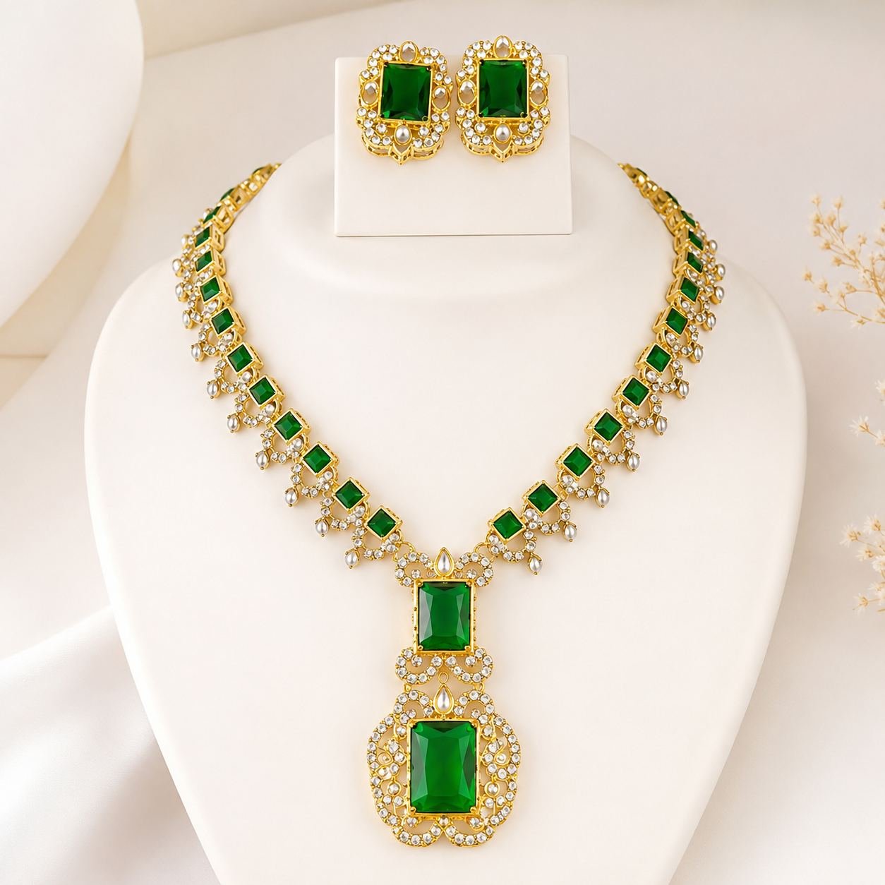 Emerald Green American Diamond Long Necklace Set 2 Emerald Green American Diamond Gold Plated Necklace Set for Women_1