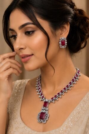 Emerald Red American Diamond Gold Plated Necklace Set for Women