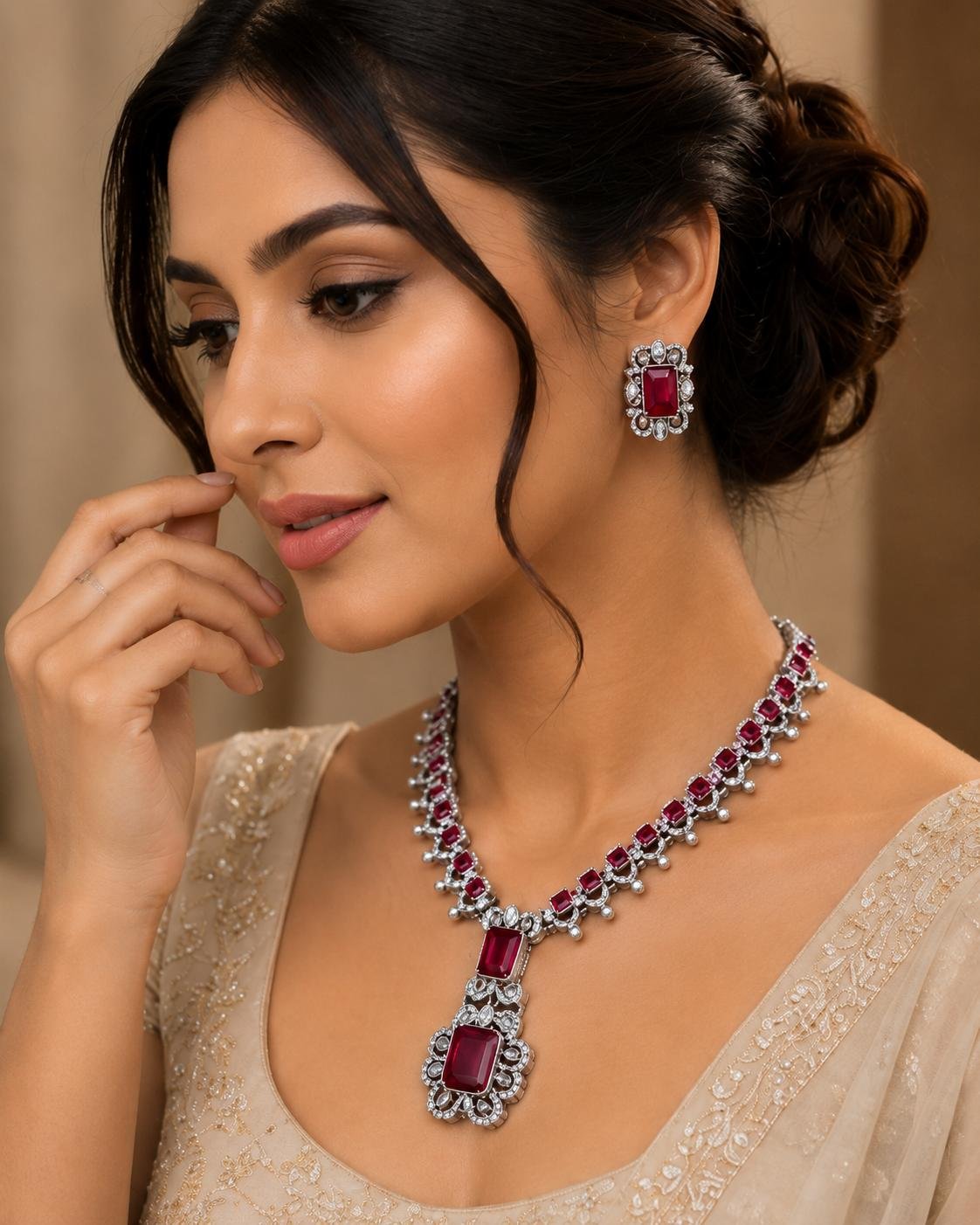 Emerald Red American Diamond Long Necklace Set 1 Emerald Red American Diamond Gold Plated Necklace Set for Women