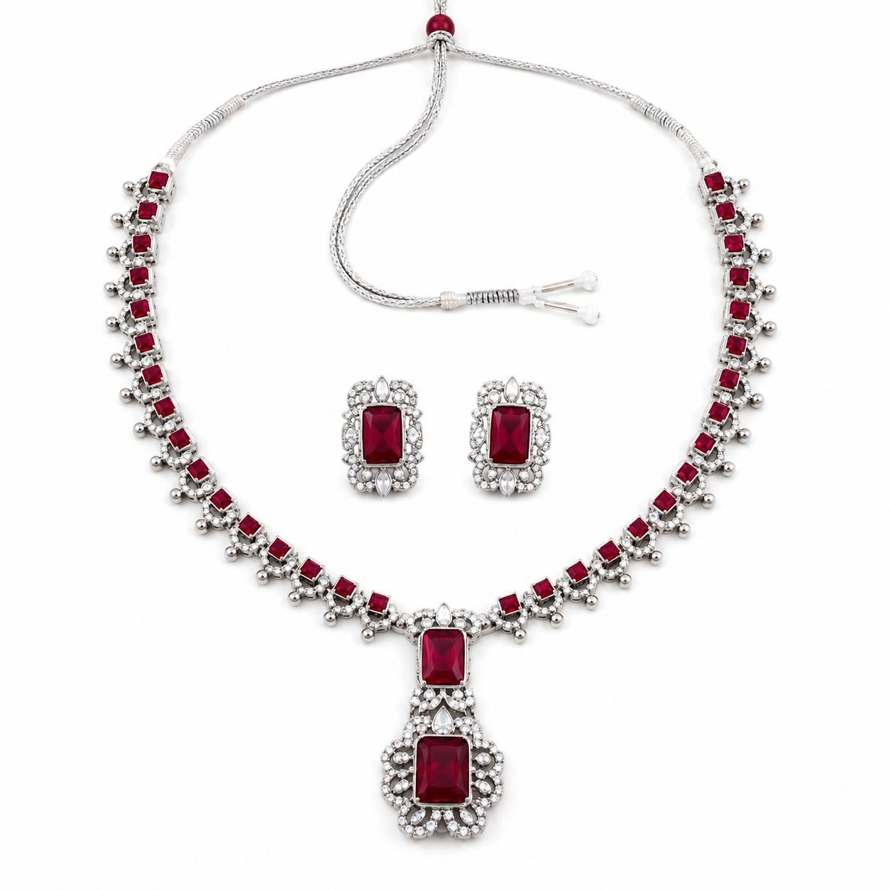 Emerald Red American Diamond Long Necklace Set 5 Emerald Red American Diamond Gold Plated Necklace Set for Women_4