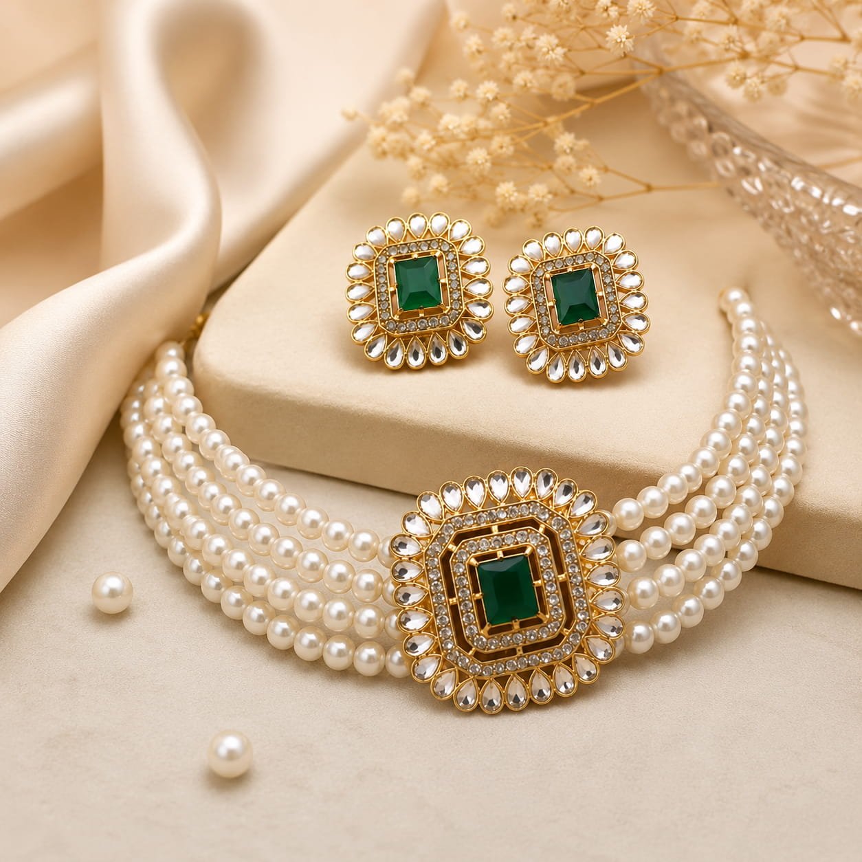 Oloxo Royal Pearl Choker Necklace Set with Emerald Green Stones for Women 2 Oloxo Royal Pearl Choker Necklace Set with Emerald Green Stones for Women - Image 2
