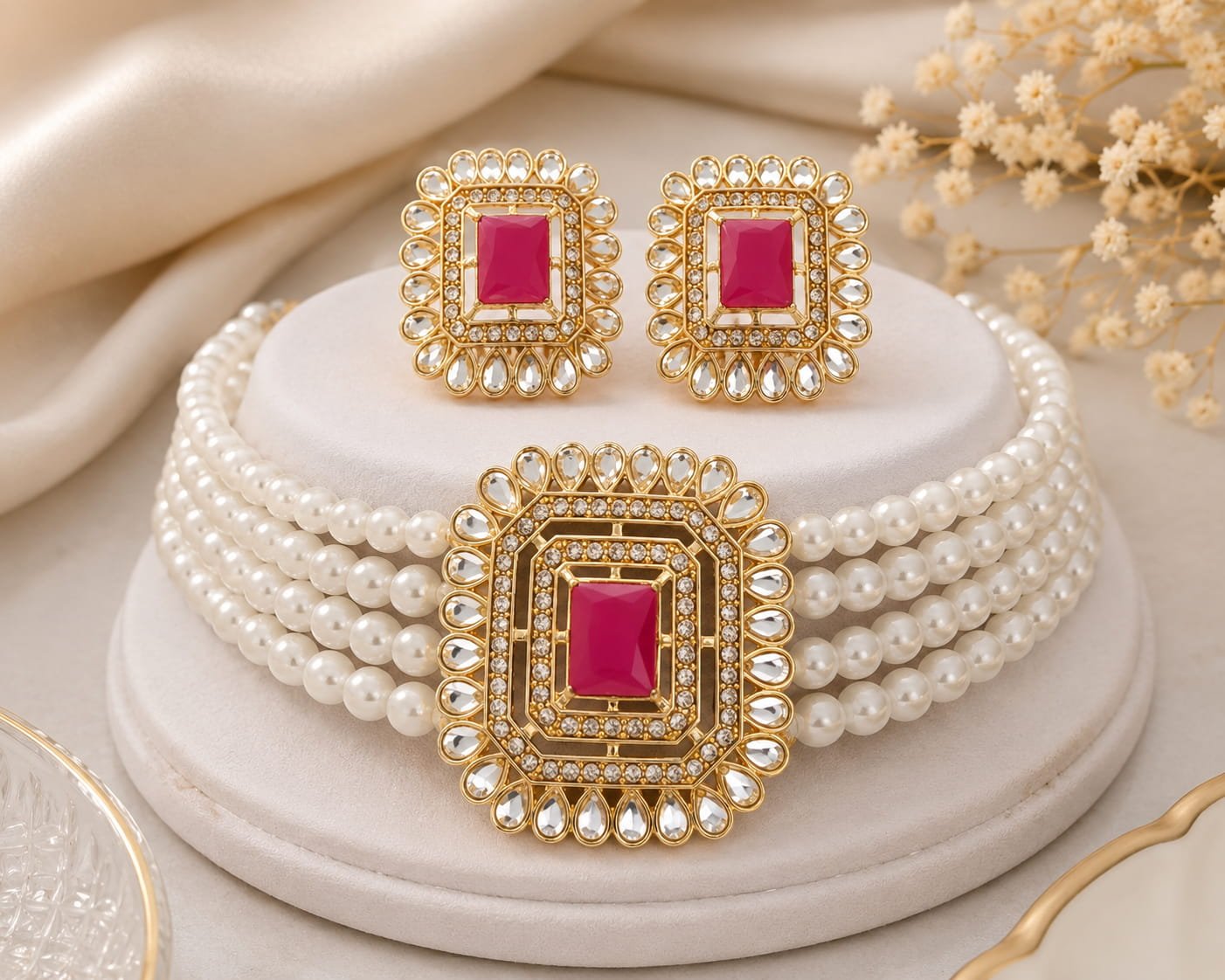 Oloxo Royal Pearl Choker Necklace Set with Emerald White Stones for Women 2 Oloxo Royal Pearl Choker Necklace Set with Emerald White Stones for Women - Image 2