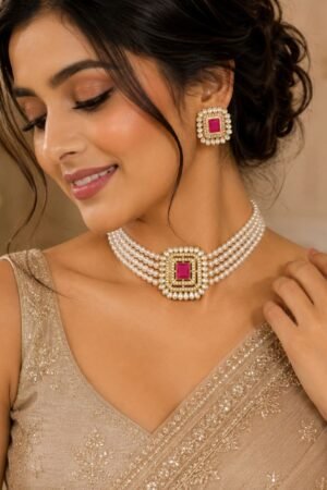 Oloxo Royal Pearl Choker Necklace Set with Emerald White Stones for Women