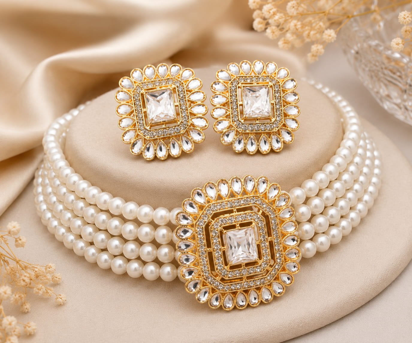 Oloxo Royal Pearl Choker Necklace Set with Emerald White Stones for Women 2 Oloxo Royal Pearl Choker Necklace Set with Emerald White Stones for Women - Image 2