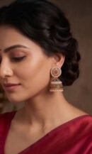 Antique Gold-Plated Traditional Pearl & Stone Drop Jhumka Earrings