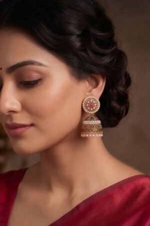 Antique Gold-Plated Traditional Pearl & Stone Drop Jhumka Earrings