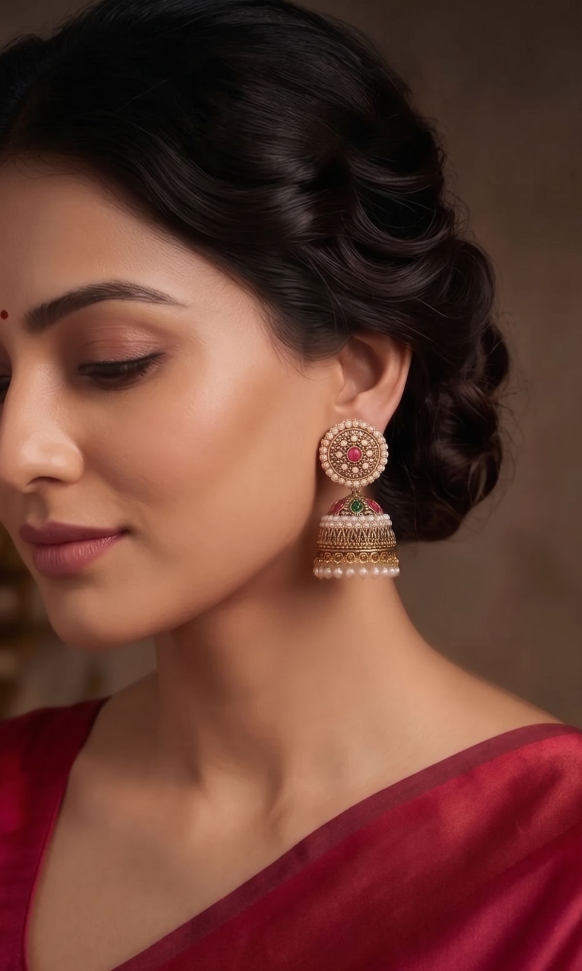 Antique Gold-Plated Traditional Pearl & Stone Drop Jhumka
