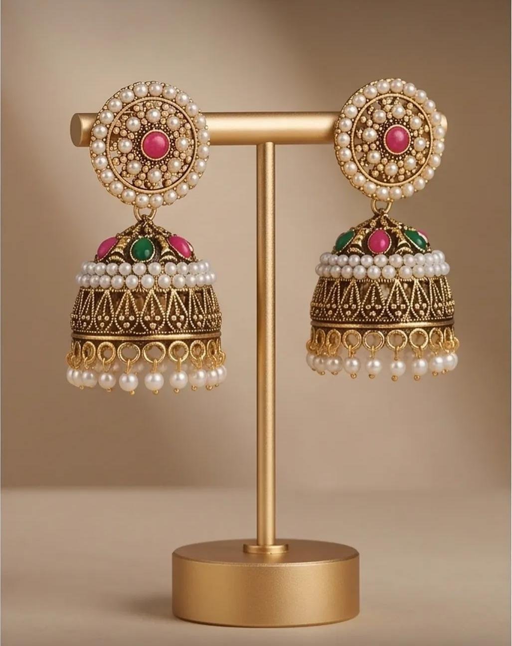 Antique Gold-Plated Traditional Pearl & Stone Drop Jhumka 3 Antique Gold-Plated Traditional Pearl & Stone Drop Jhumka Earrings_2