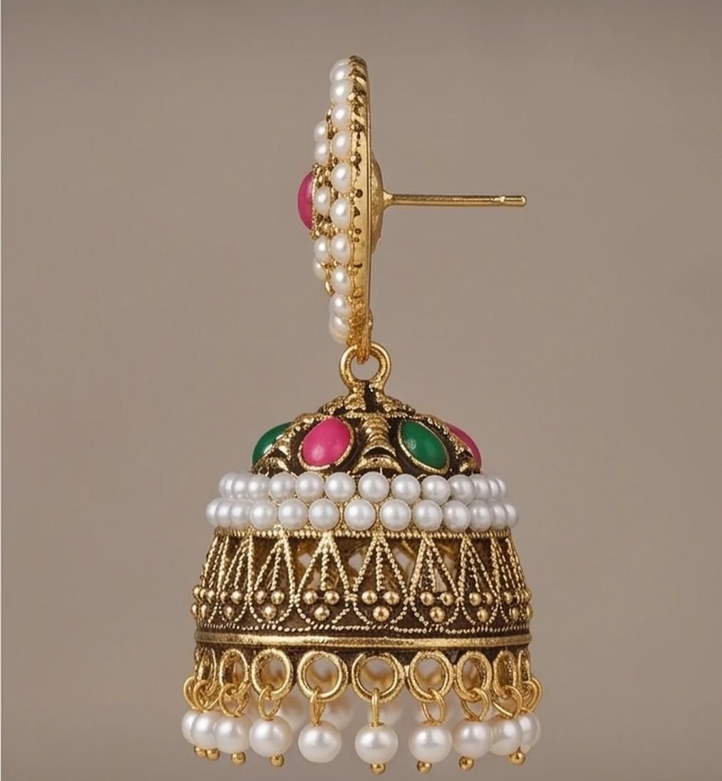 Antique Gold-Plated Traditional Pearl & Stone Drop Jhumka 4 Antique Gold-Plated Traditional Pearl & Stone Drop Jhumka Earrings_3