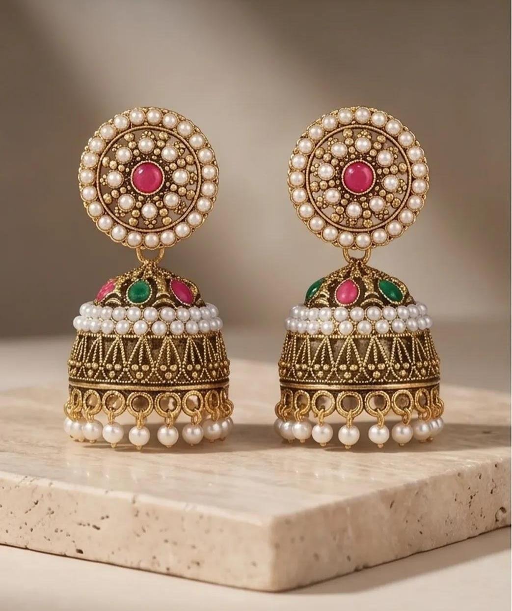 Antique Gold-Plated Traditional Pearl & Stone Drop Jhumka 5 Antique Gold-Plated Traditional Pearl & Stone Drop Jhumka Earrings_4
