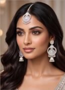 Silver earring and maang tikka set, bridal silver jhumka set, oxidised silver wedding jewelry, iridescent crystal maang tikka, silver party wear earrings