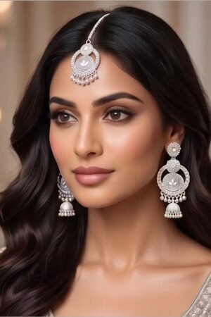 Silver earring and maang tikka set, bridal silver jhumka set, oxidised silver wedding jewelry, iridescent crystal maang tikka, silver party wear earrings