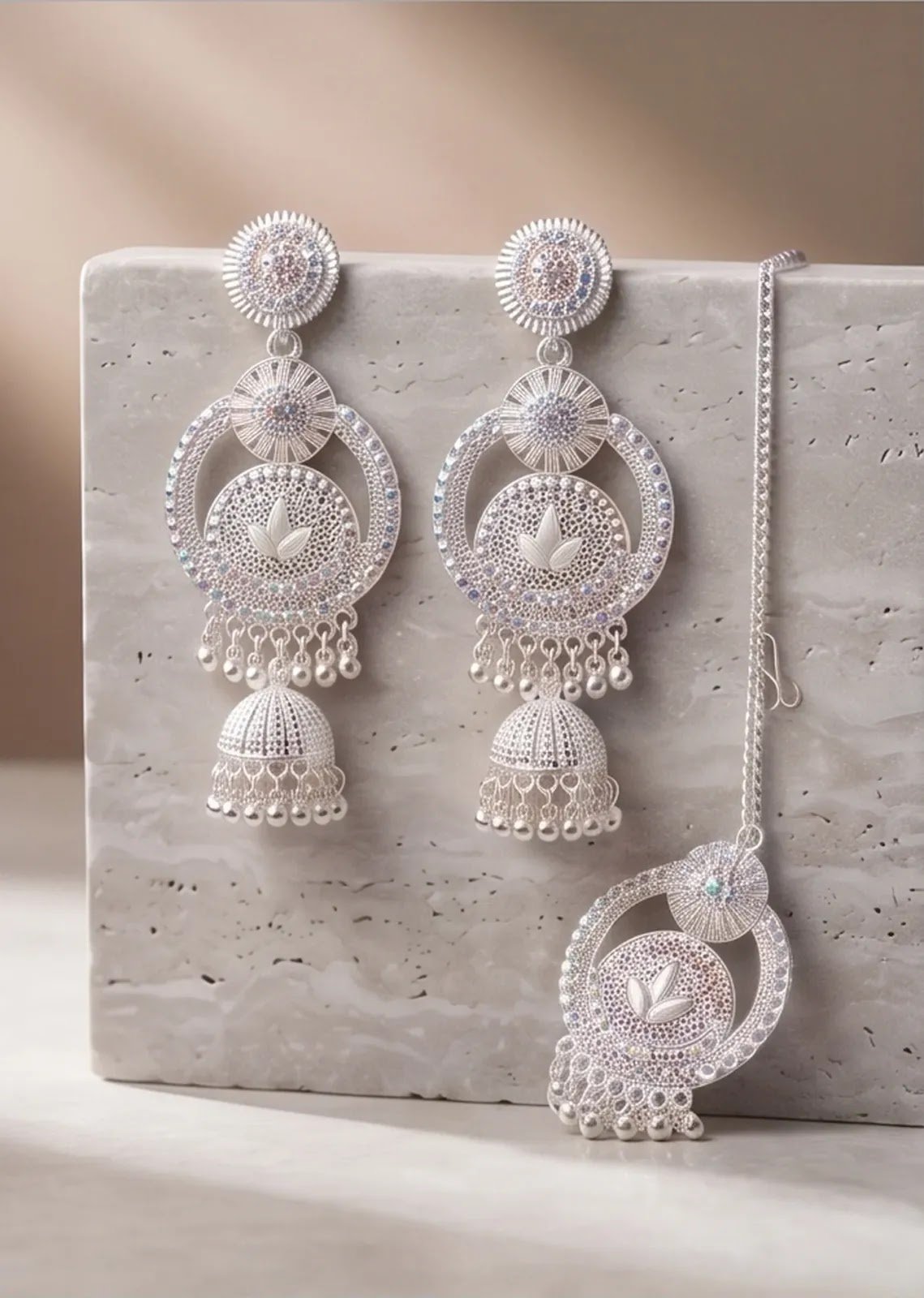 Artisan Silver-Plated Jhumka Earrings with Matching Maang Tikka Set 3 Silver earring and maang tikka set, bridal silver jhumka set, oxidised silver wedding jewelry, iridescent crystal maang tikka, silver party wear earrings_2