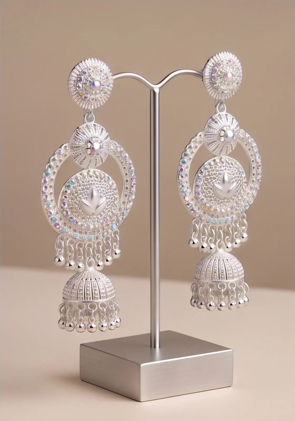 Artisan Silver-Plated Jhumka Earrings with Matching Maang Tikka Set 4 Silver earring and maang tikka set, bridal silver jhumka set, oxidised silver wedding jewelry, iridescent crystal maang tikka, silver party wear earrings_3