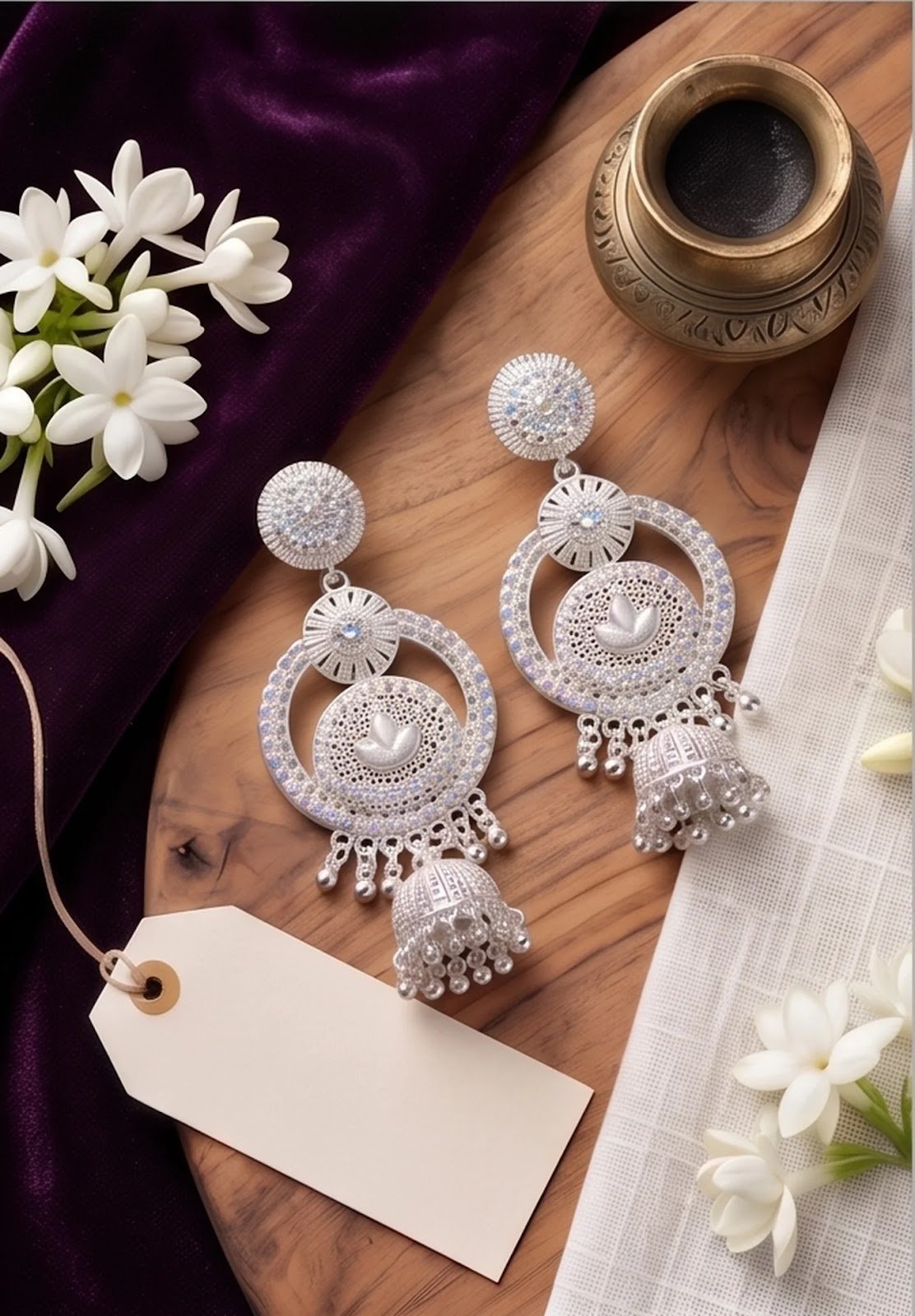 Artisan Silver-Plated Jhumka Earrings with Matching Maang Tikka Set 6 Silver earring and maang tikka set, bridal silver jhumka set, oxidised silver wedding jewelry, iridescent crystal maang tikka, silver party wear earrings_5