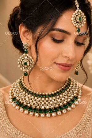 Emerald Pearl Bridal Choker Jewellery Set with Matching Earrings by OLOXO