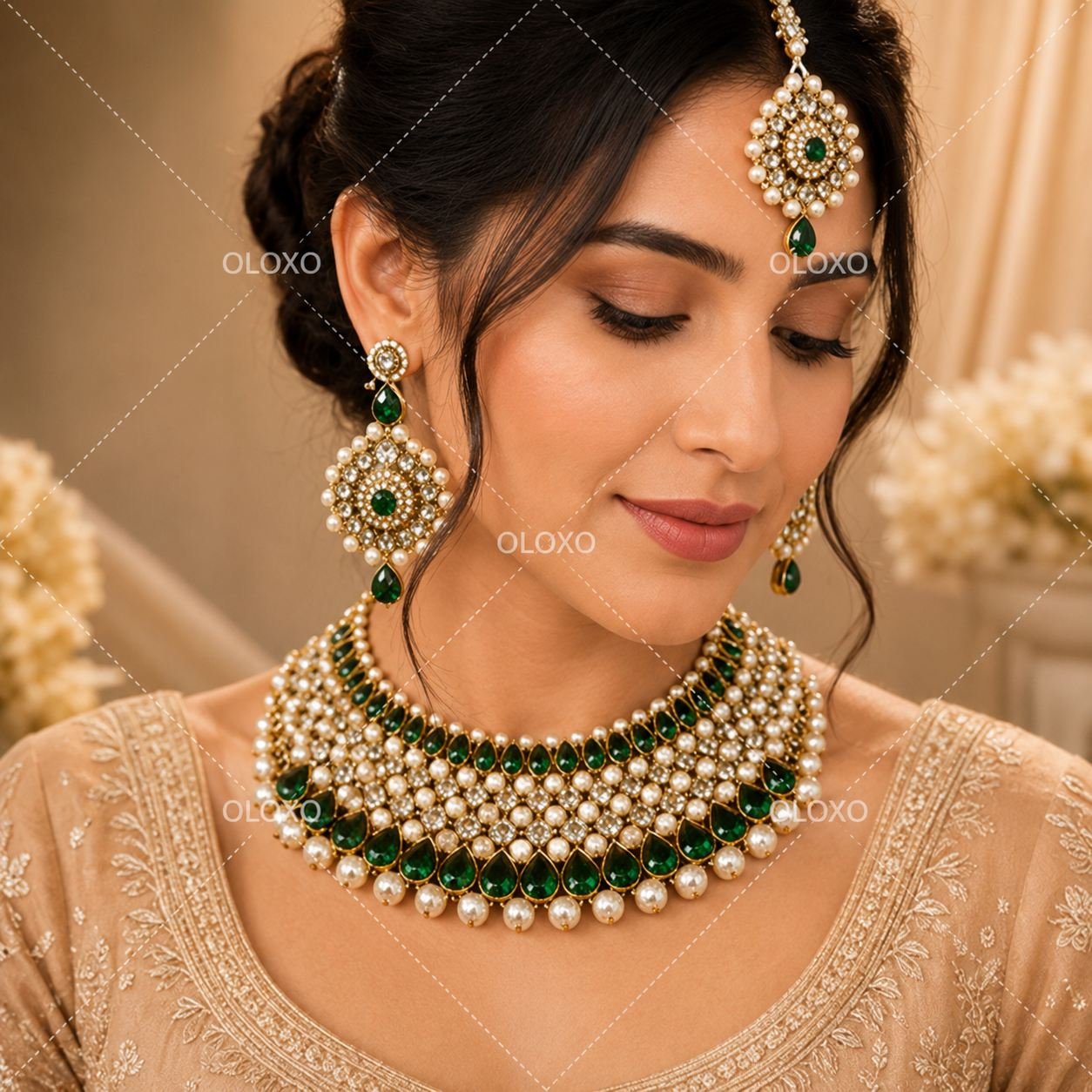 Oloxo Emerald Pearl Bridal Choker Jewellery Set with Earrings 1 Emerald Pearl Bridal Choker Jewellery Set with Matching Earrings by OLOXO