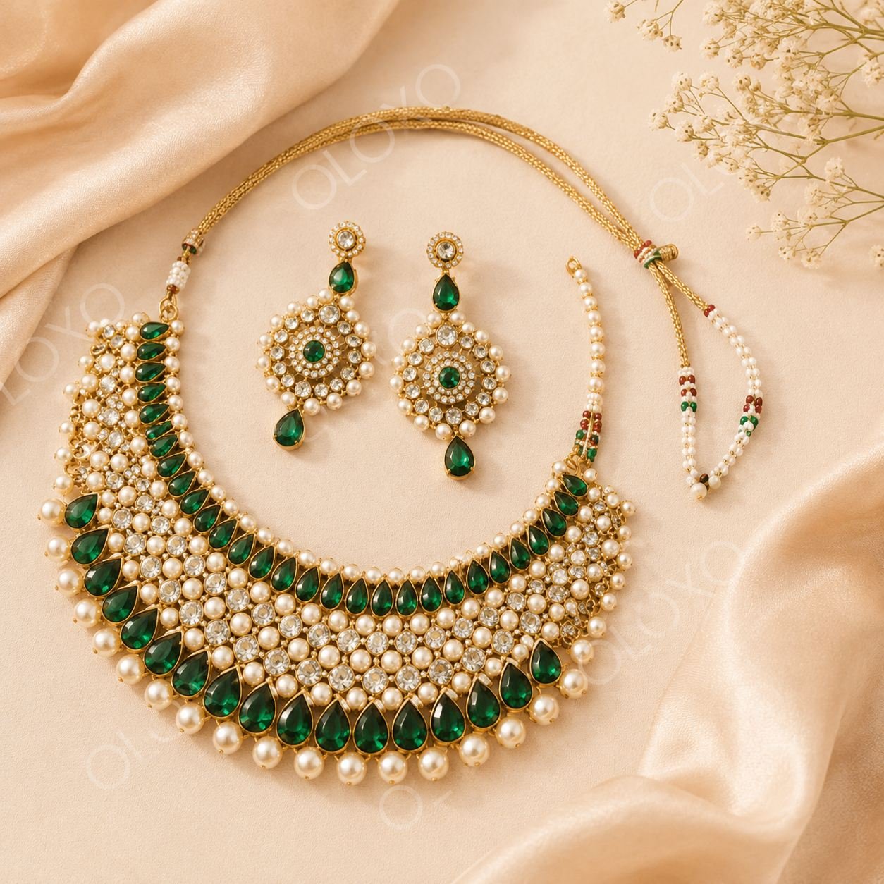 Oloxo Emerald Pearl Bridal Choker Jewellery Set with Earrings 2 Emerald Pearl Bridal Choker Jewellery Set with Matching Earrings by OLOXO_1
