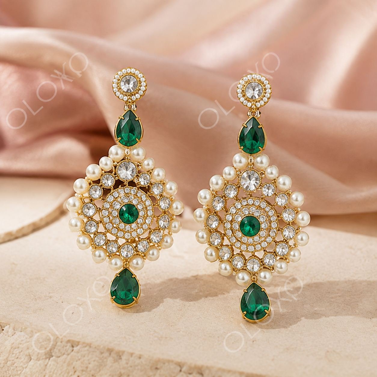 Oloxo Emerald Pearl Bridal Choker Jewellery Set with Earrings 4 Emerald Pearl Bridal Choker Jewellery Set with Matching Earrings by OLOXO_3