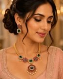 OLOXO Emerald Floral American Diamond Gold-Plated Necklace Set with Earrings for Women