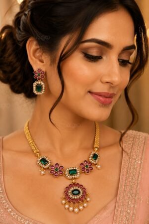 OLOXO Emerald Floral American Diamond Gold-Plated Necklace Set with Earrings for Women