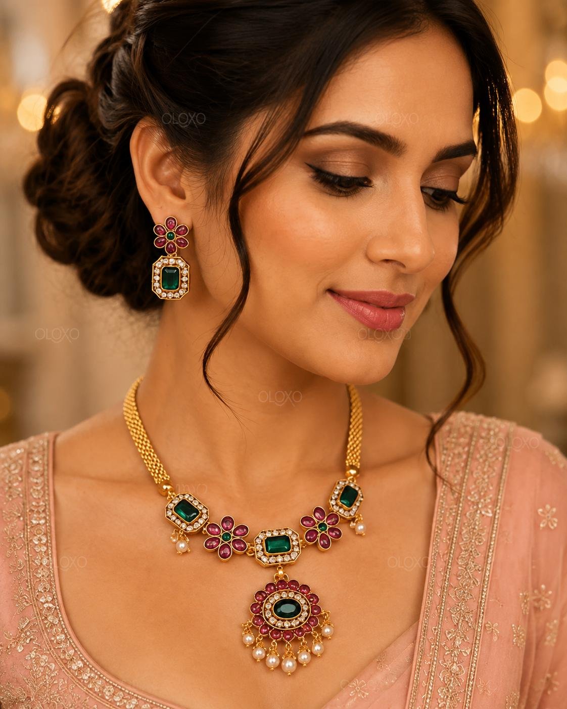 Emerald Green American Diamond Long Necklace Set