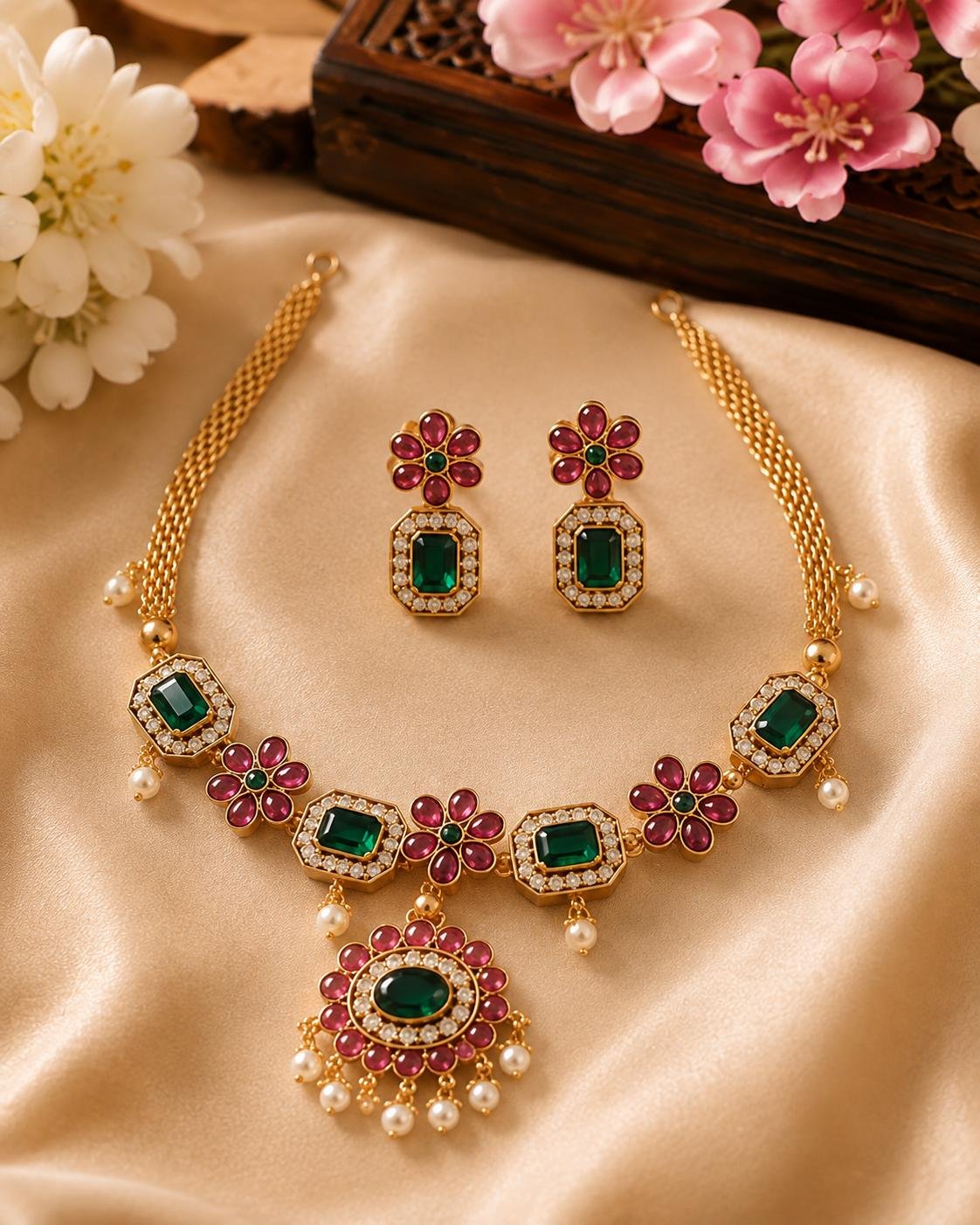 Emerald Green American Diamond Long Necklace Set 3 OLOXO Emerald Floral American Diamond Gold-Plated Necklace Set with Earrings for Women_2