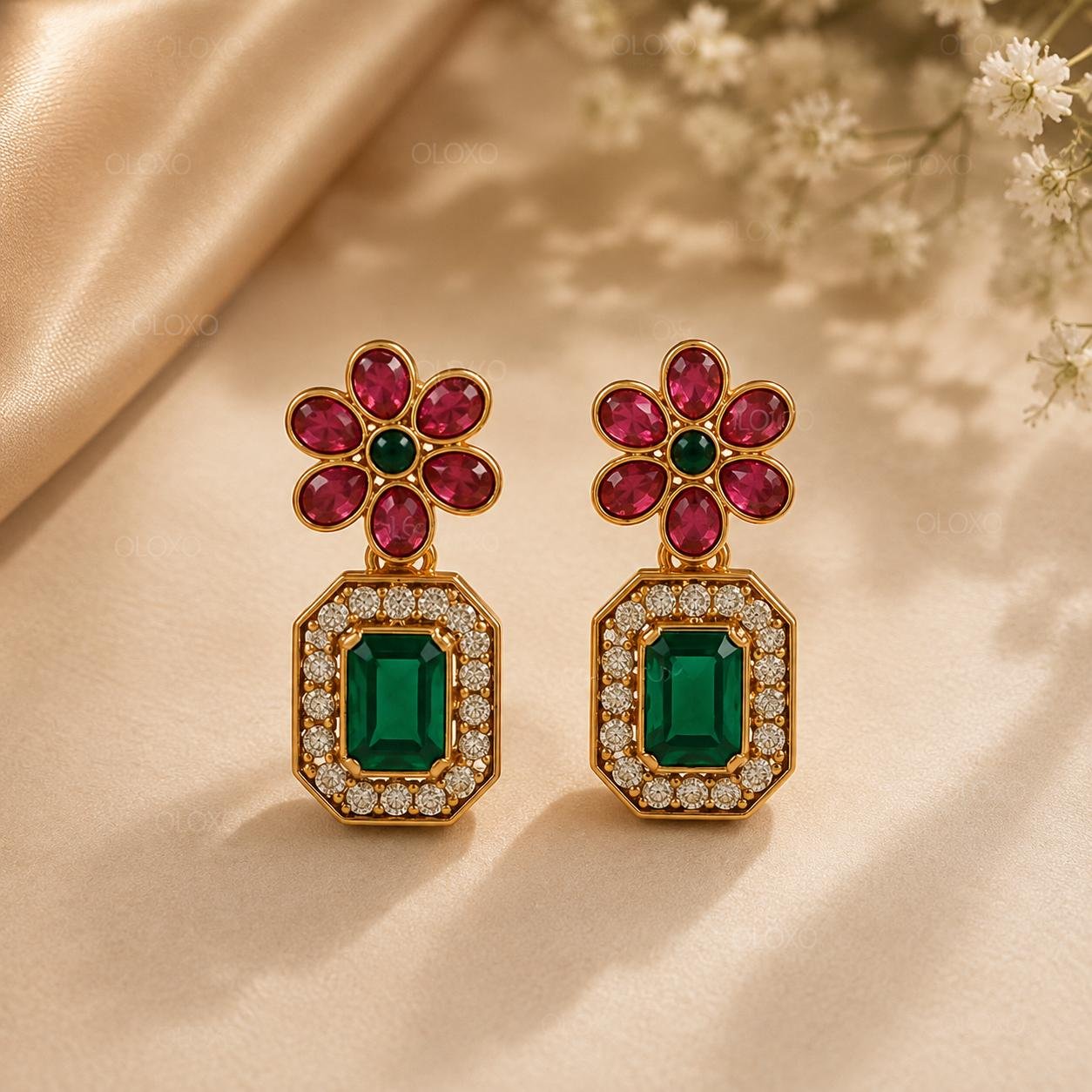 Emerald Green American Diamond Long Necklace Set 4 OLOXO Emerald Floral American Diamond Gold-Plated Necklace Set with Earrings for Women_3