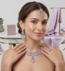 Oloxo Lavender Blossom Cubic Zirconia Choker Necklace, Earrings & Maang Tikka Set
