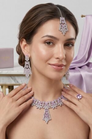 Oloxo Lavender Blossom Cubic Zirconia Choker Necklace, Earrings & Maang Tikka Set