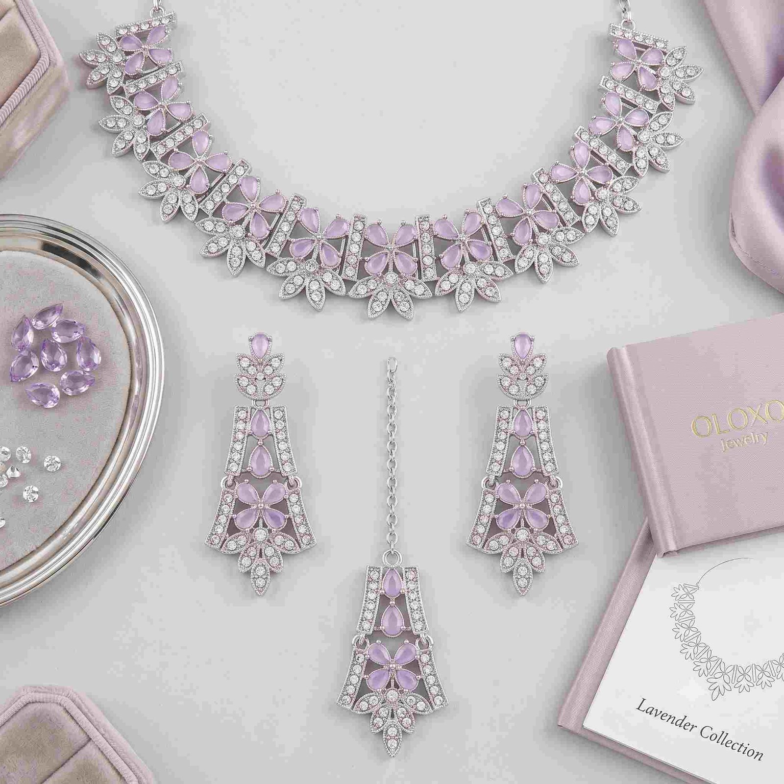 Oloxo Lavender Blossom Cubic Zirconia Choker Necklace, Earrings & Maang Tikka Set 3 Oloxo Lavender Blossom Cubic Zirconia Choker Necklace, Earrings & Maang Tikka Set_1