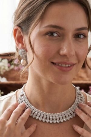 Oloxo Royal Marquise Cubic Zirconia Collar Choker Necklace & Pearl Drop Earring Set