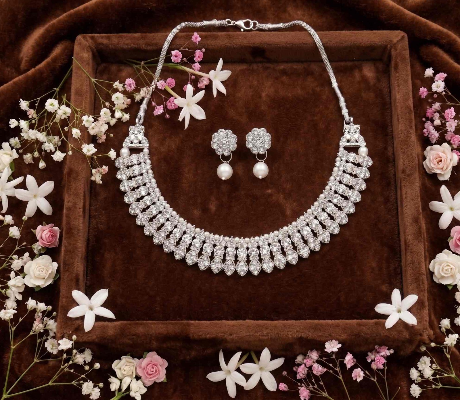 Oloxo Royal Marquise Cubic Zirconia Collar Choker Necklace & Pearl Drop Earring Set 4 Oloxo Royal Marquise Cubic Zirconia Collar Choker Necklace & Pearl Drop Earring Set_3
