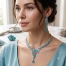 Oloxo silver teal and clear crystal symmetrical necklace and drop earring set