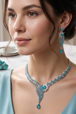 Oloxo silver teal and clear crystal symmetrical necklace and drop earring set