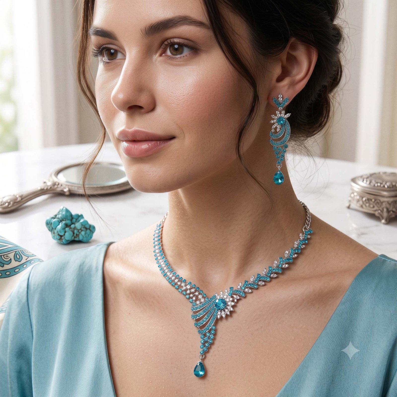 Oloxo Regal Teal & Clear Zirconia Symmetrical Necklace & Earring Set 1 Oloxo silver teal and clear crystal symmetrical necklace and drop earring set