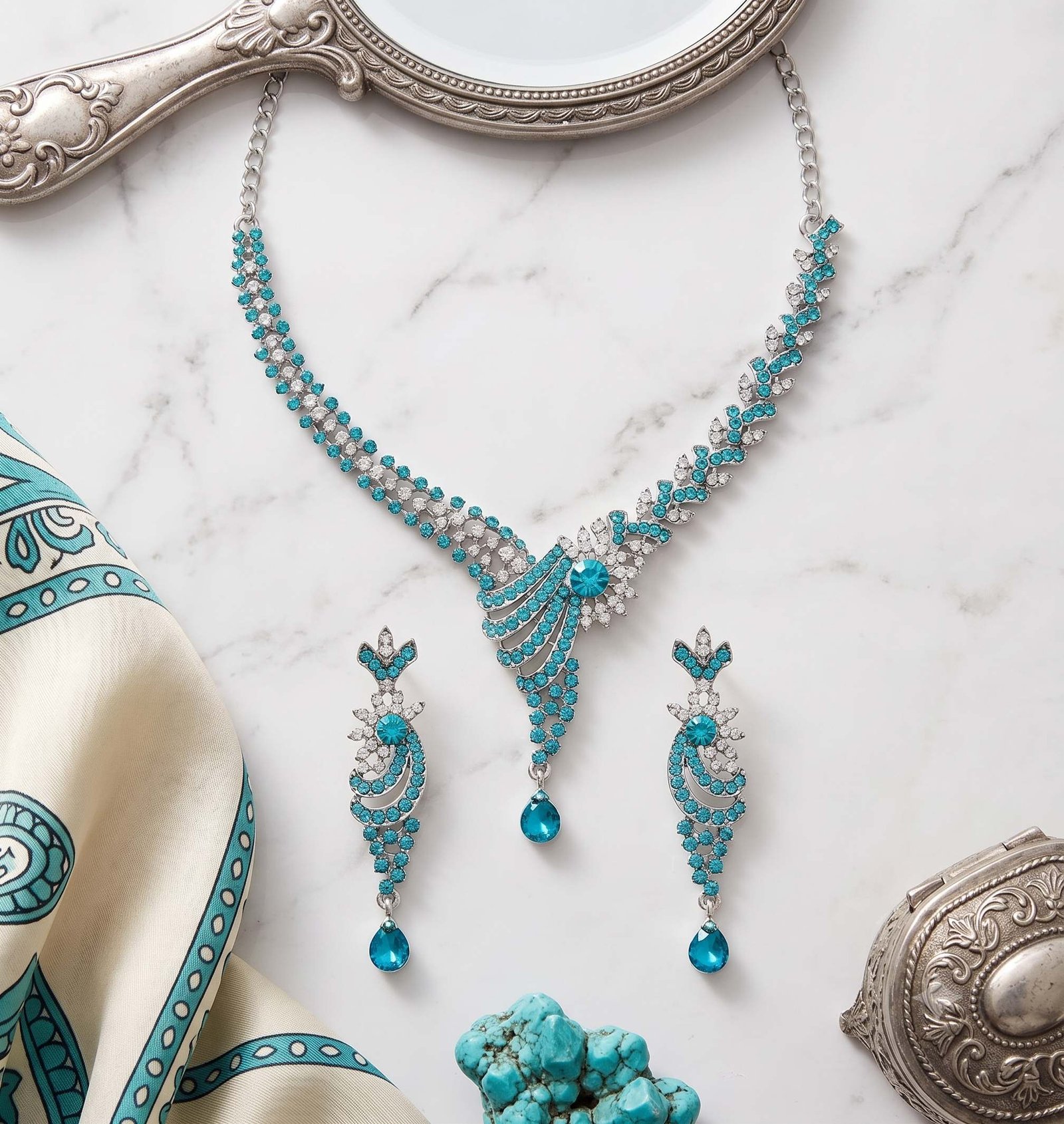 Oloxo Regal Teal & Clear Zirconia Symmetrical Necklace & Earring Set 3 Oloxo silver teal and clear crystal symmetrical necklace and drop earring set